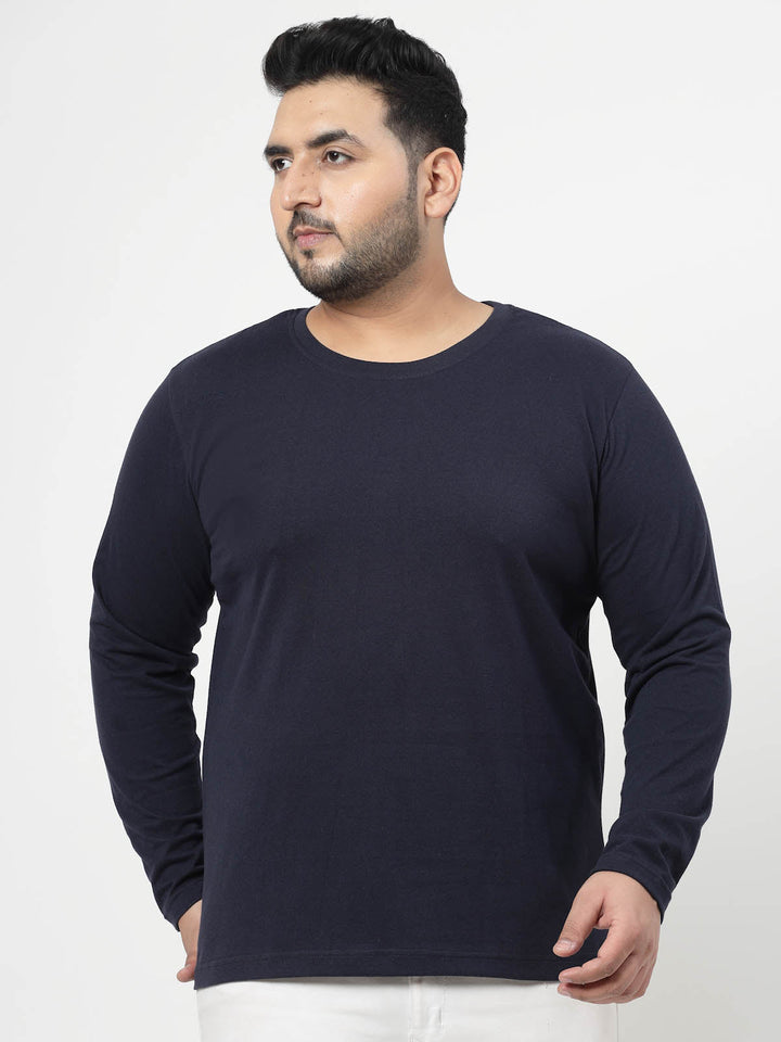 Plus Size Men Navy Blue Solid Pure Cotton T-shirt