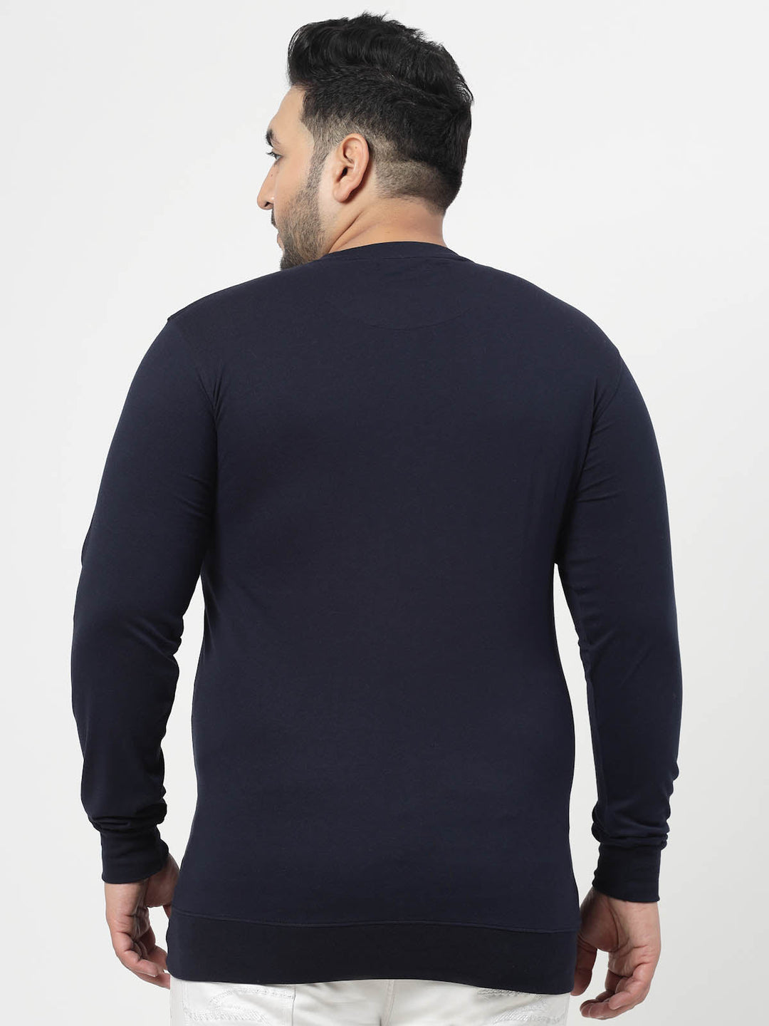 Plus Size Navy Blue Typography Printed Cotton Pullover Sweatshirt