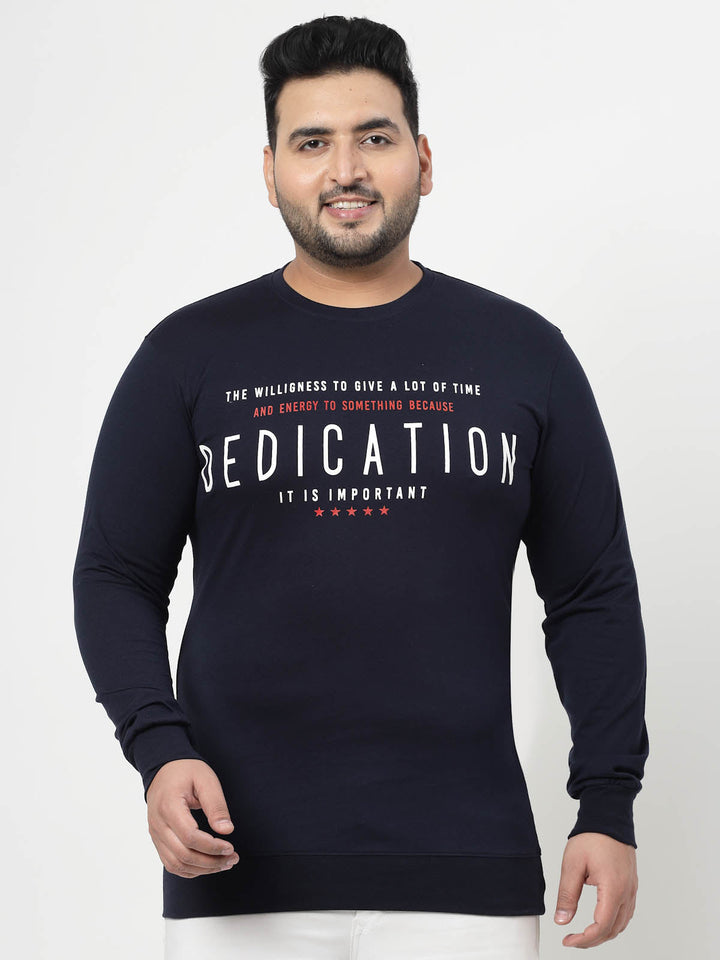 Plus Size Navy Blue Typography Printed Cotton Pullover Sweatshirt