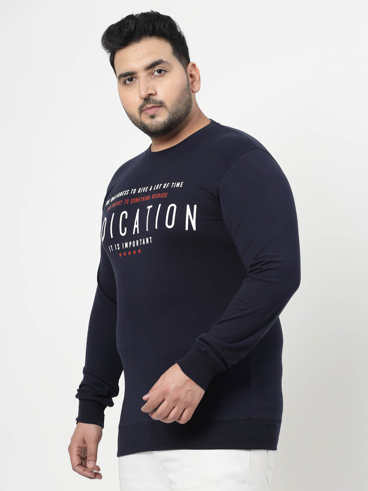 Plus Size Navy Blue Typography Printed Cotton Pullover Sweatshirt