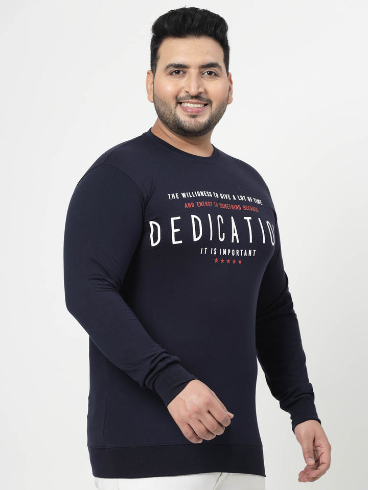 Plus Size Navy Blue Typography Printed Cotton Pullover Sweatshirt