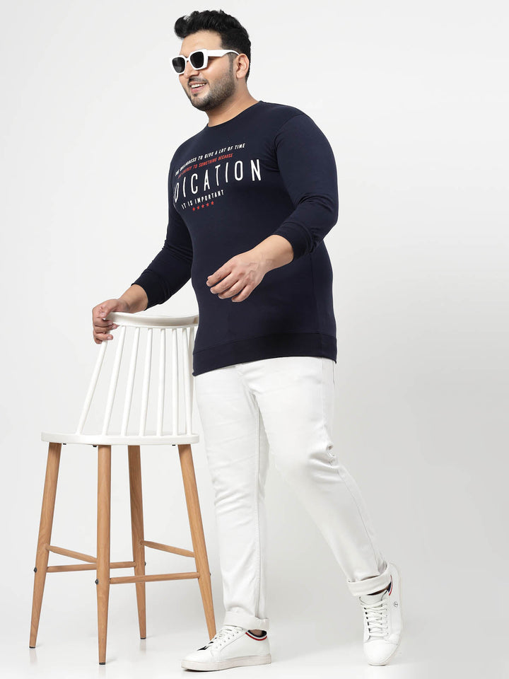 Plus Size Navy Blue Typography Printed Cotton Pullover Sweatshirt