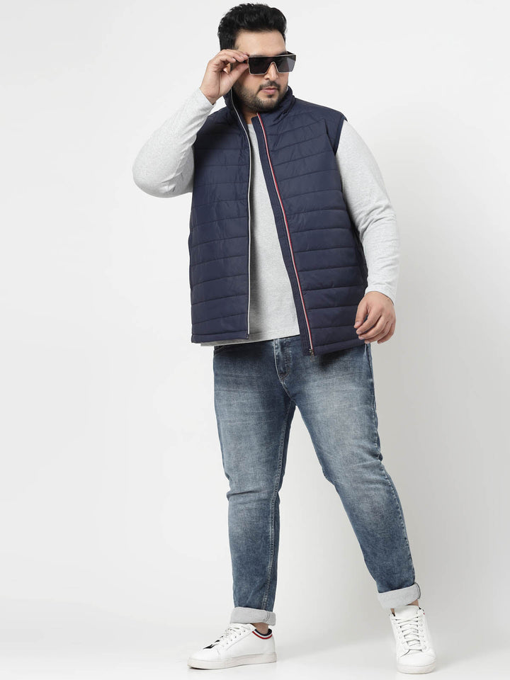 Plus Size Men Navy Blue Colourblocked Puffer Jacket