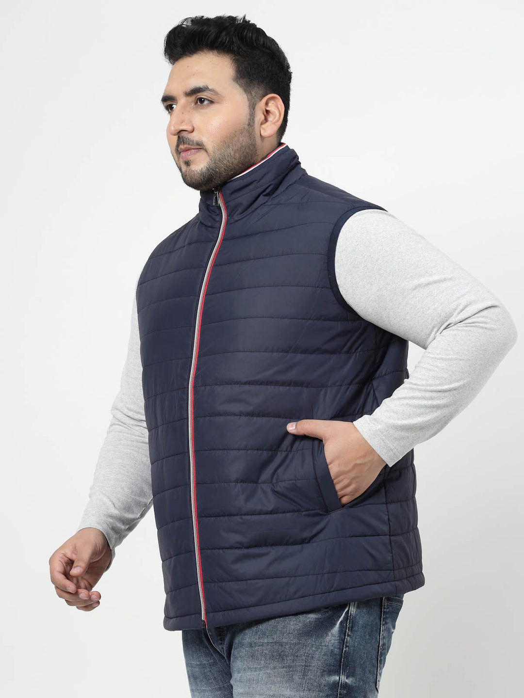 Plus Size Men Navy Blue Colourblocked Puffer Jacket