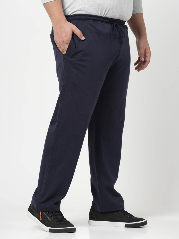 Plus Size Men Navy Blue Solid Straight-Fit Cotton Track Pants