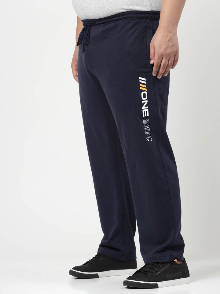Plus Size Men Navy Blue Solid Straight-Fit Cotton Track Pants