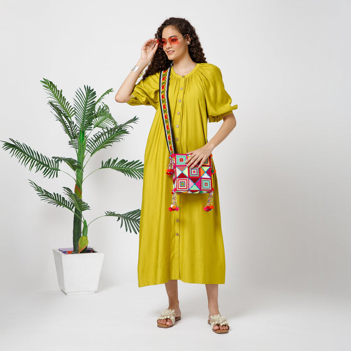 Olive Long Dress With Puff Sleeves