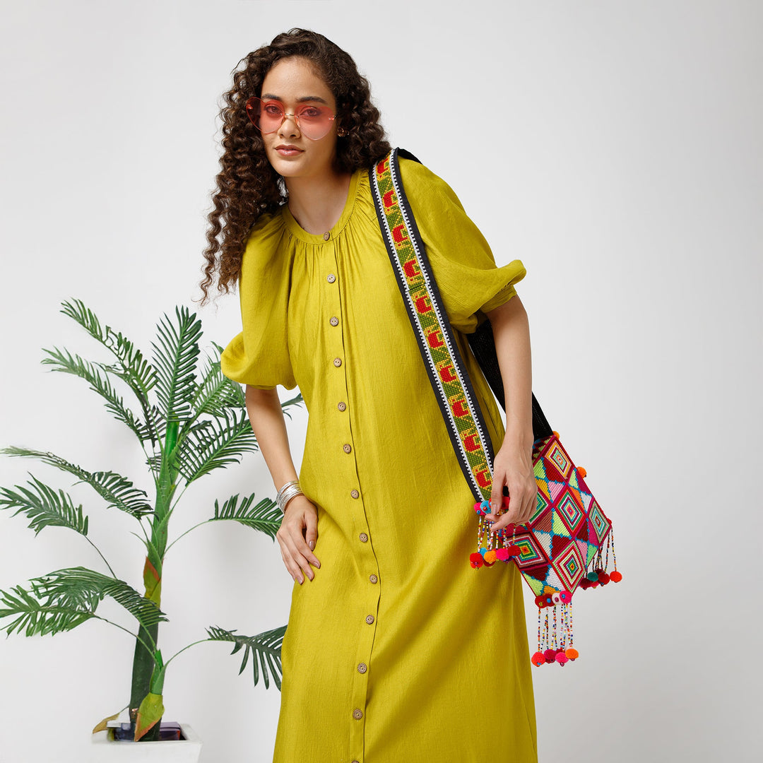 Olive Long Dress With Puff Sleeves