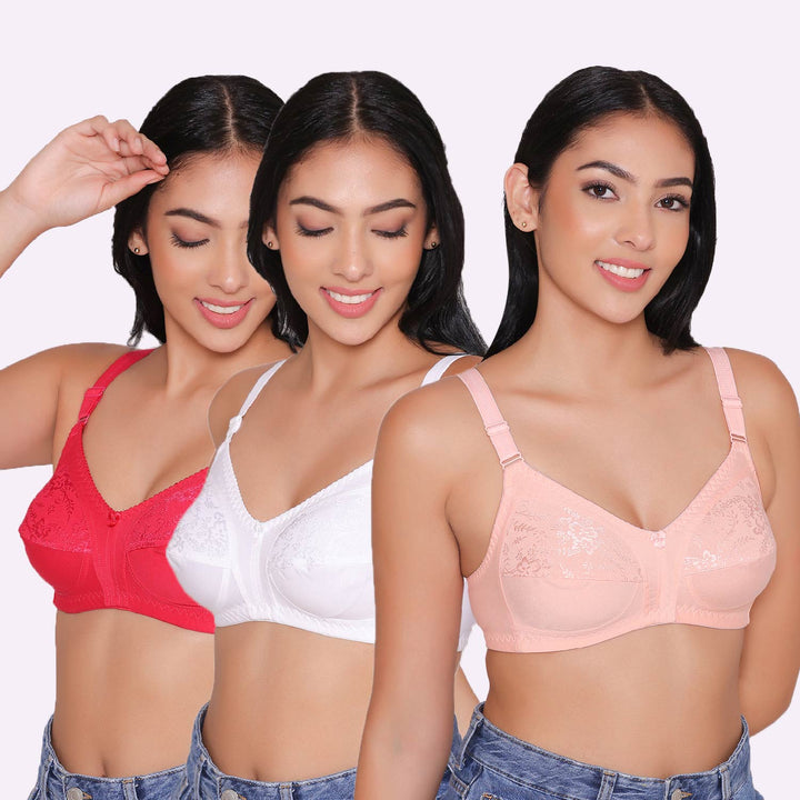 Half Net Non Padded Non Wired Full Coverage Bra (Pack of 3)-IRIS