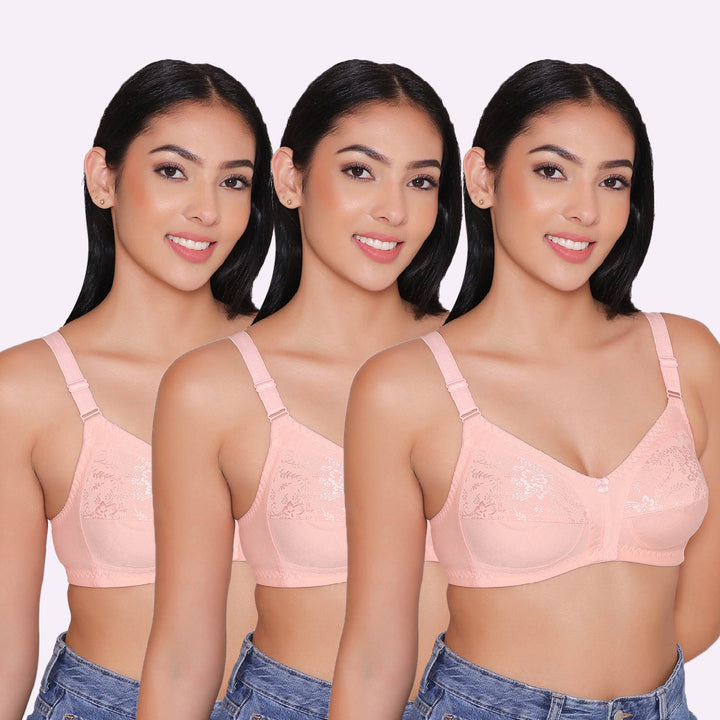 Half Net Non Padded Non Wired Full Coverage Bra (Pack of 3)-IRIS