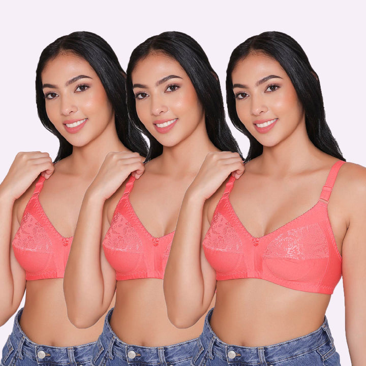 Half Net Non Padded Non Wired Full Coverage Bra (Pack of 3)-IRIS
