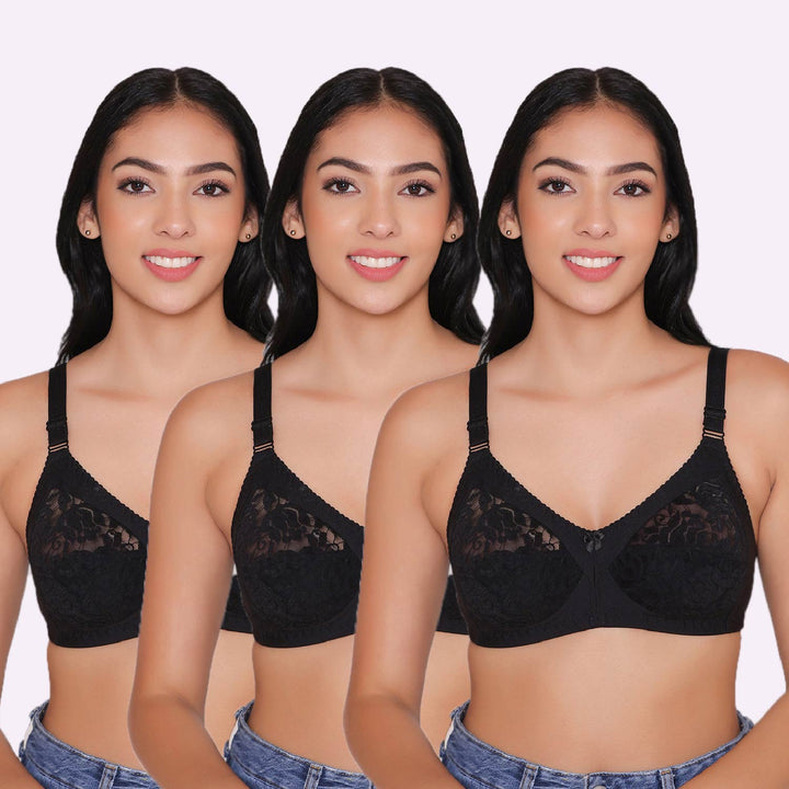 Women's Non Padded Full Coverage Net Bra (Pack of 3)-Thea