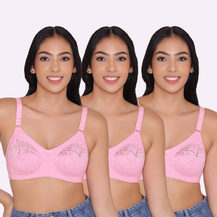 Women's Non Padded Full Coverage Net Bra (Pack of 3)-Thea