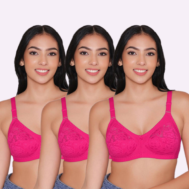 Women's Non Padded Full Coverage Net Bra (Pack of 3)-Thea
