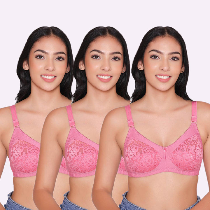 Women's Non Padded Full Coverage Net Bra (Pack of 3)-Thea