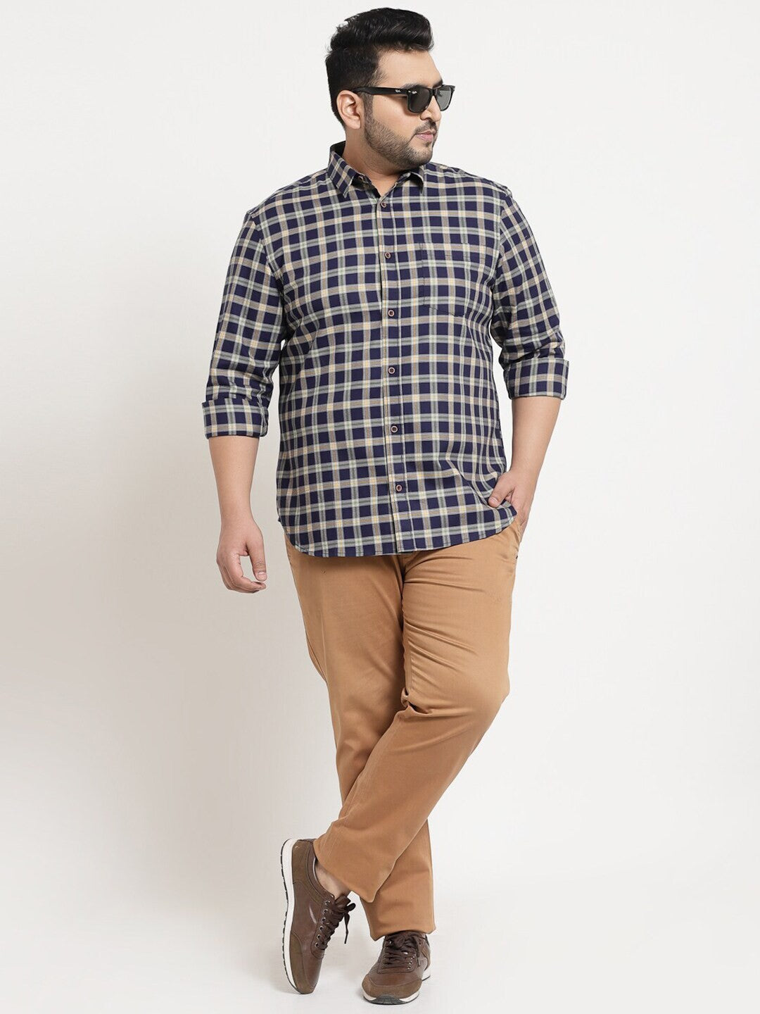 Plus Size Men  Navy Blue Gingham Checks Checked Casual Shirt