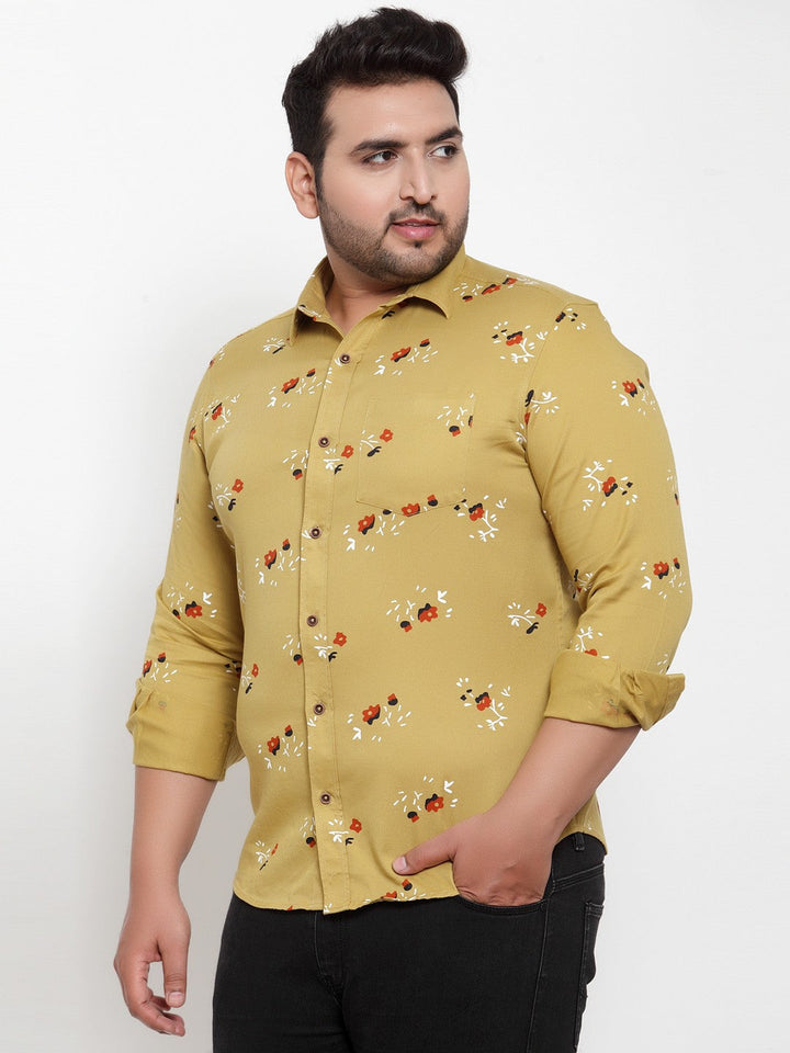 Plus Size Men Mustard Yellow Regular Fit Printed Casual Shirt