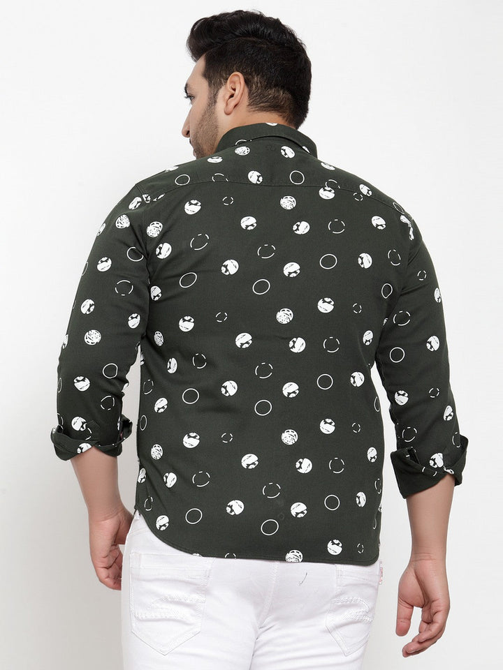 Plus Size Men Olive Green  White Regular Fit Printed Casual Shirt