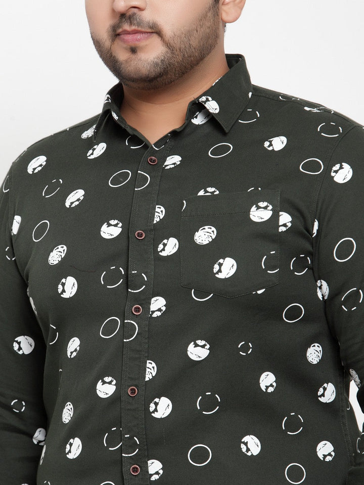 Plus Size Men Olive Green  White Regular Fit Printed Casual Shirt