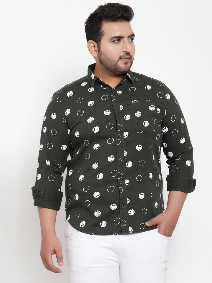 Plus Size Men Olive Green  White Regular Fit Printed Casual Shirt