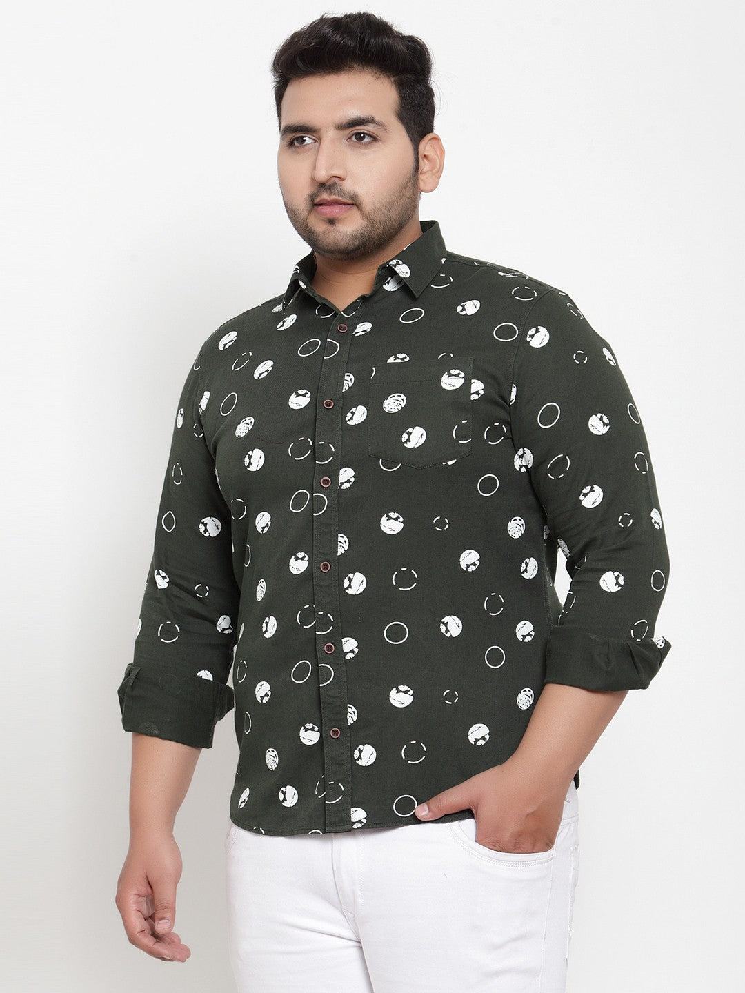 Plus Size Men Olive Green  White Regular Fit Printed Casual Shirt