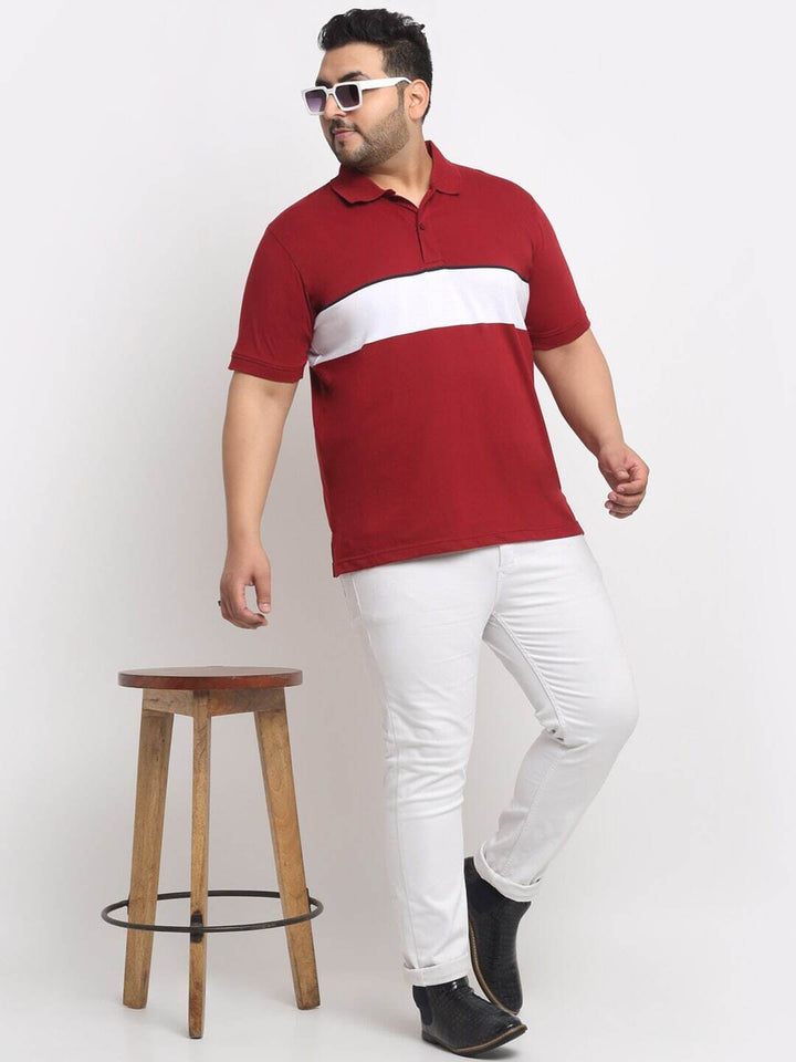 Plus Size Maroon Colourblocked Polo Collar Cotton T-Shirt