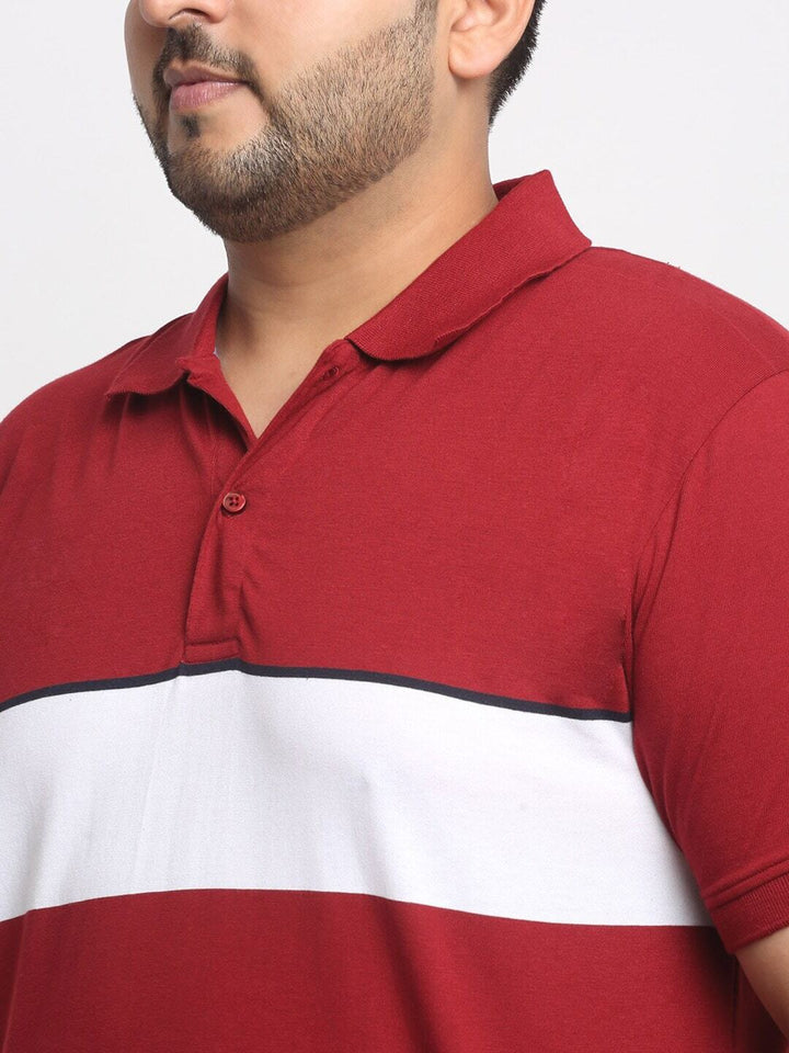 Plus Size Maroon Colourblocked Polo Collar Cotton T-Shirt