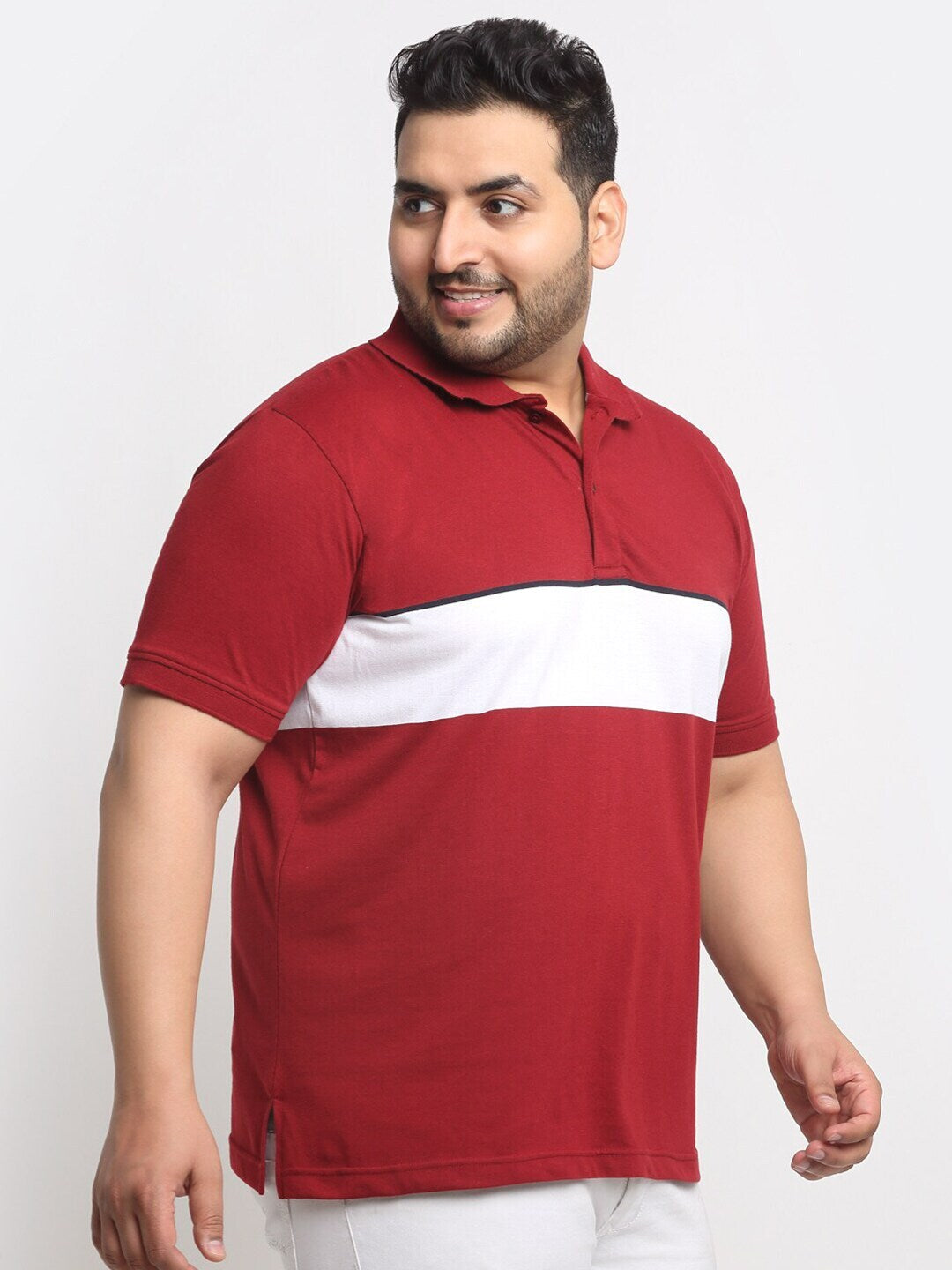 Plus Size Maroon Colourblocked Polo Collar Cotton T-Shirt