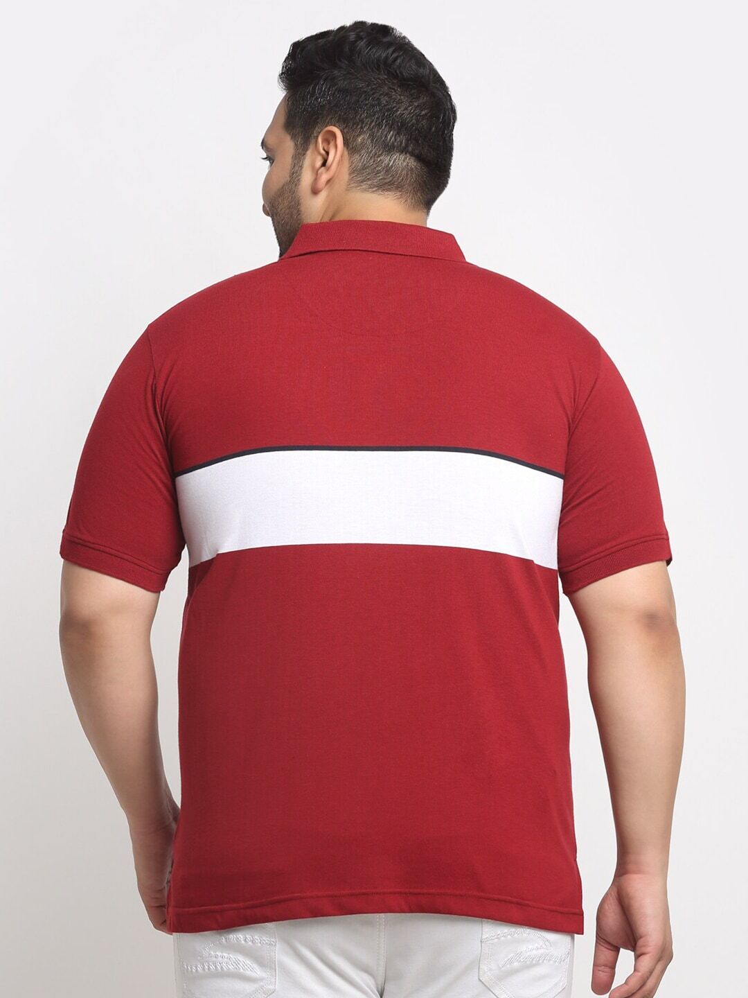 Plus Size Maroon Colourblocked Polo Collar Cotton T-Shirt