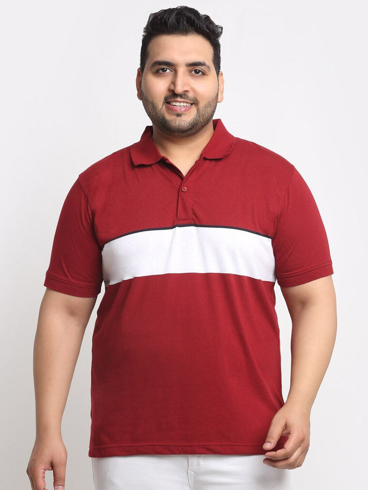 Plus Size Maroon Colourblocked Polo Collar Cotton T-Shirt