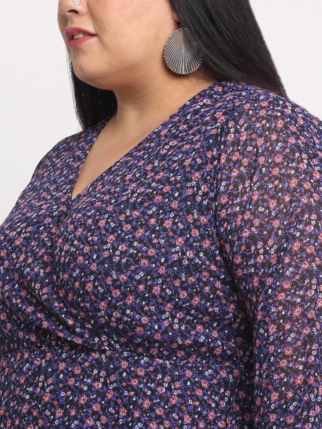 Plus Size Women  Navy Blue  Pink Floral Printed Wrap Tulip Hemline Maxi Dress