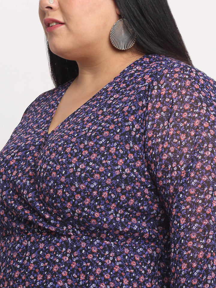 Plus Size Women  Navy Blue  Pink Floral Printed Wrap Tulip Hemline Maxi Dress