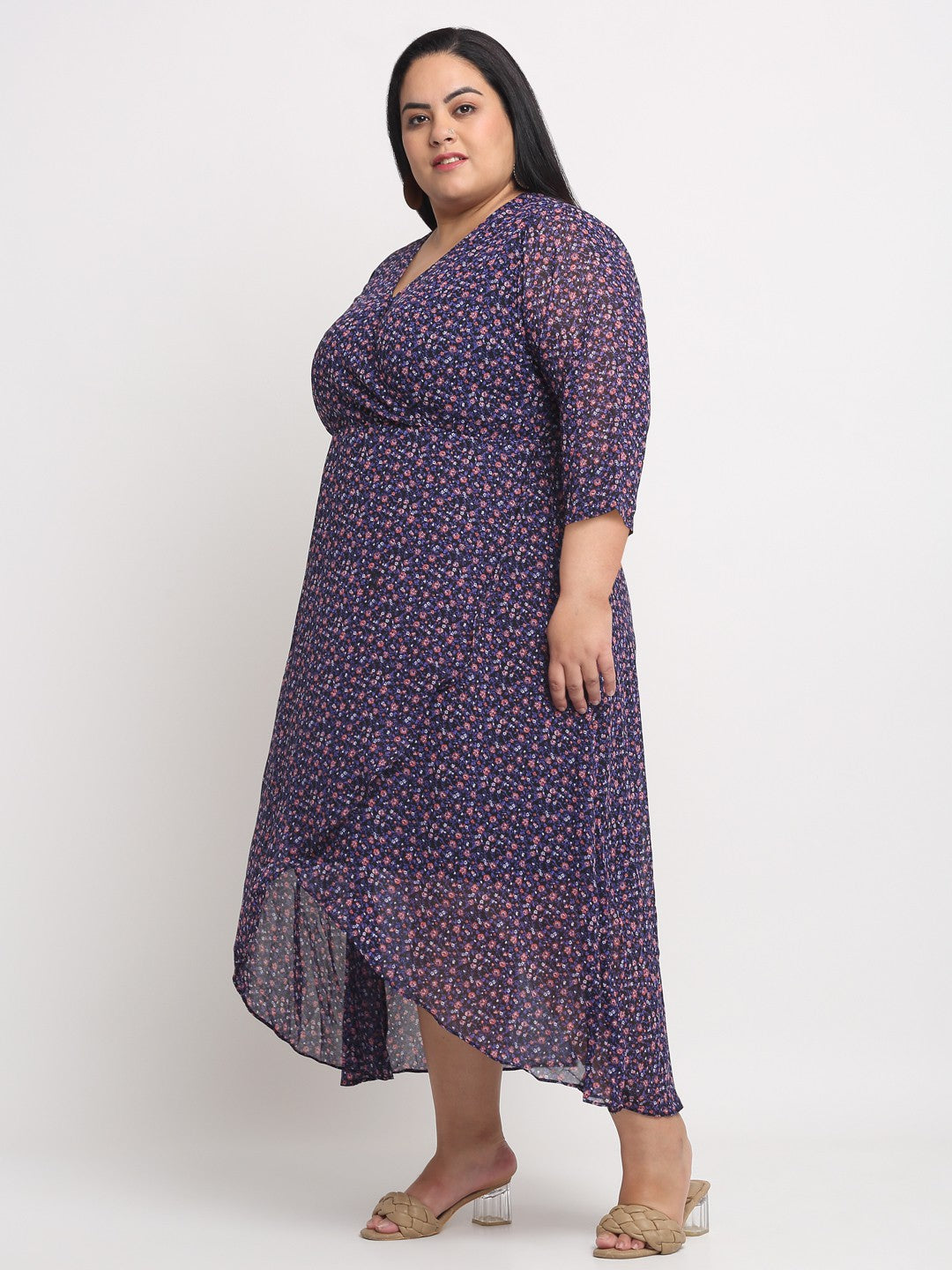 Plus Size Women  Navy Blue  Pink Floral Printed Wrap Tulip Hemline Maxi Dress