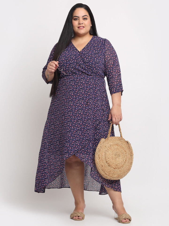 Plus Size Women  Navy Blue  Pink Floral Printed Wrap Tulip Hemline Maxi Dress