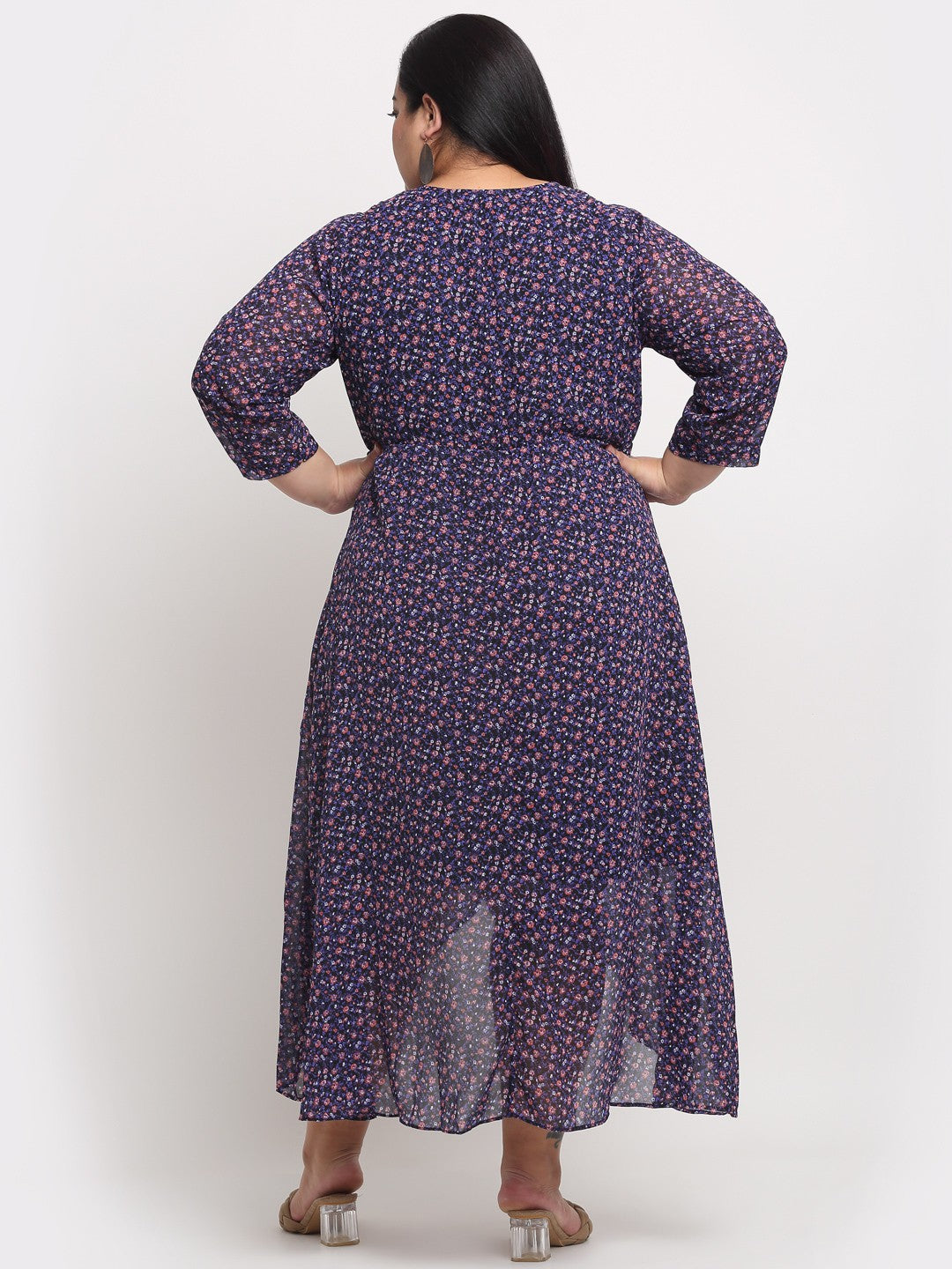 Plus Size Women  Navy Blue  Pink Floral Printed Wrap Tulip Hemline Maxi Dress