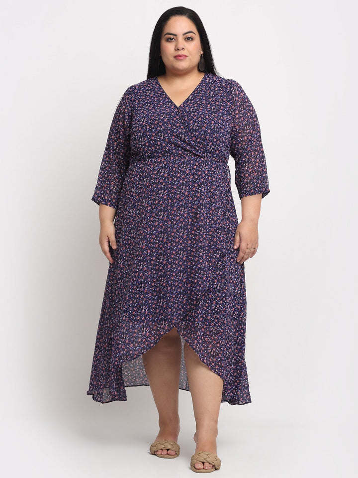 Plus Size Women  Navy Blue  Pink Floral Printed Wrap Tulip Hemline Maxi Dress