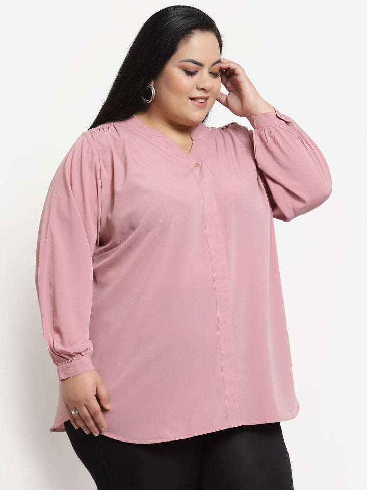 Plus Size Pink Plusize Mandarin Collar Longline Top