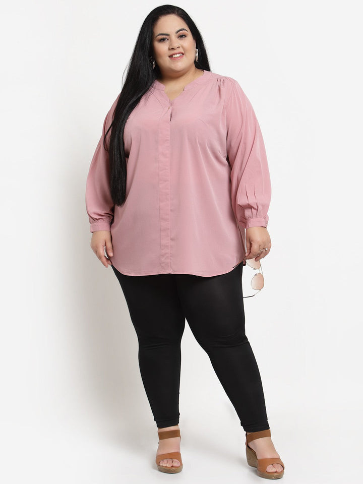 Plus Size Pink Plusize Mandarin Collar Longline Top