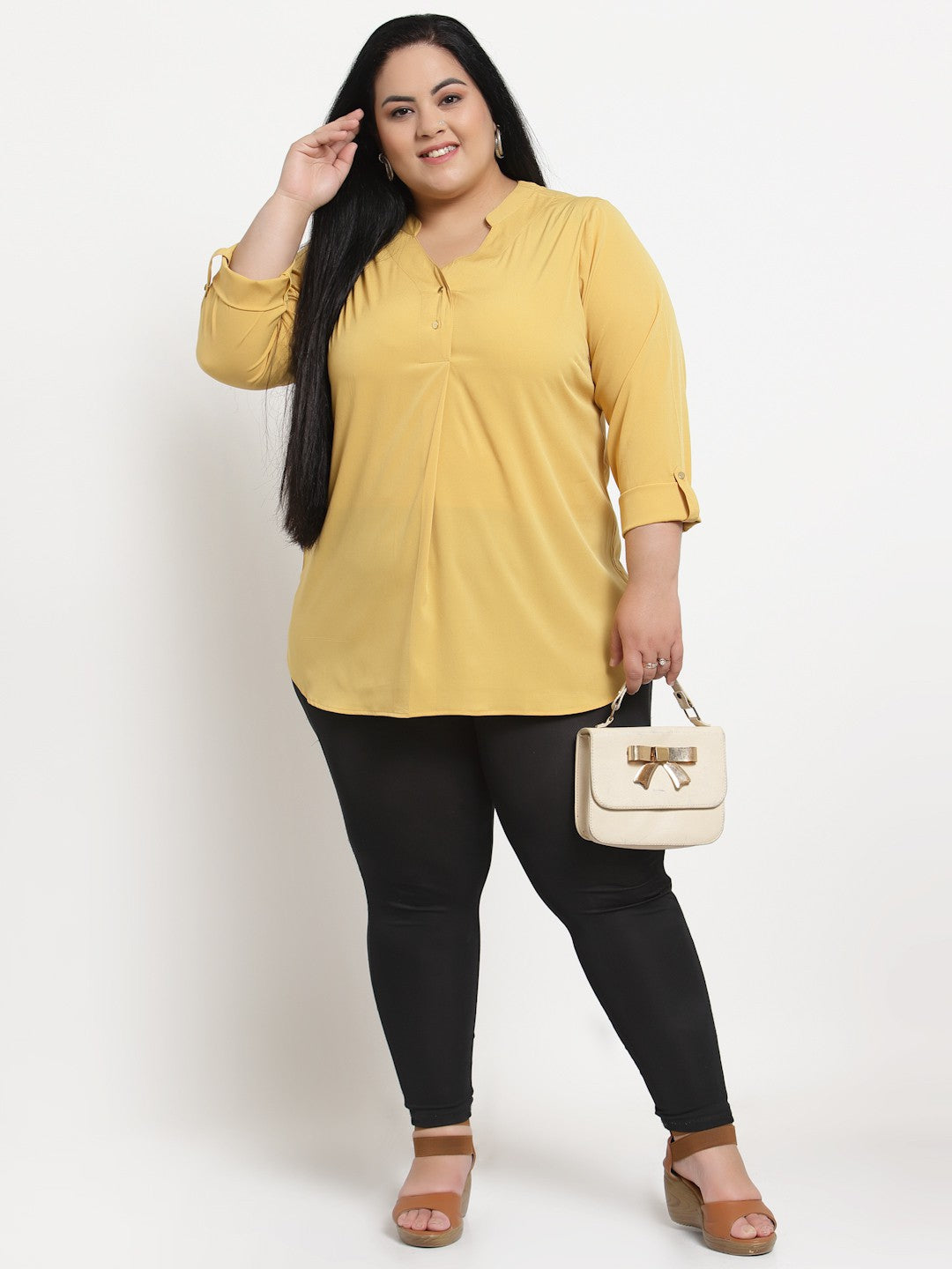 Plus Size Yellow Mandarin Collar Top