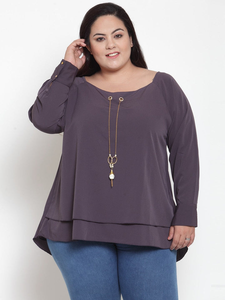 Plus Size Women Grey Solid High-Low Layered Top