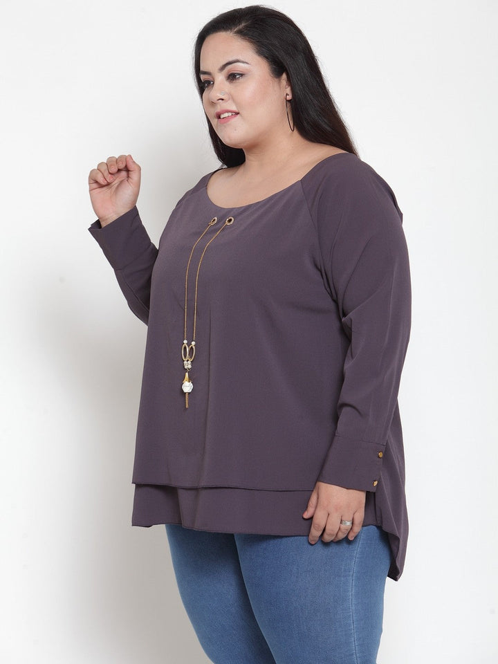 Plus Size Women Grey Solid High-Low Layered Top
