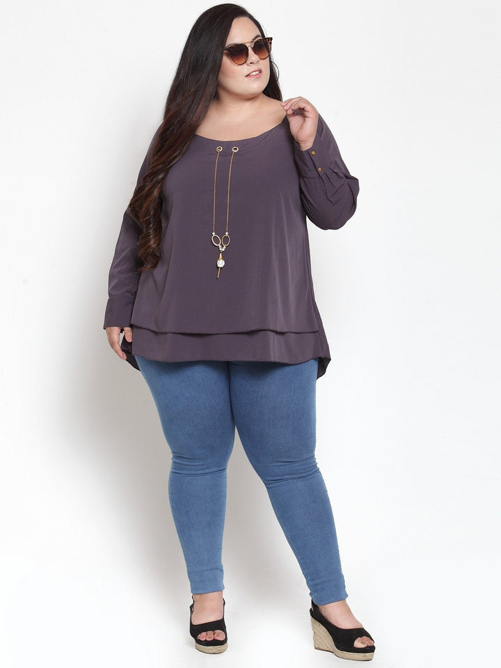 Plus Size Women Grey Solid High-Low Layered Top