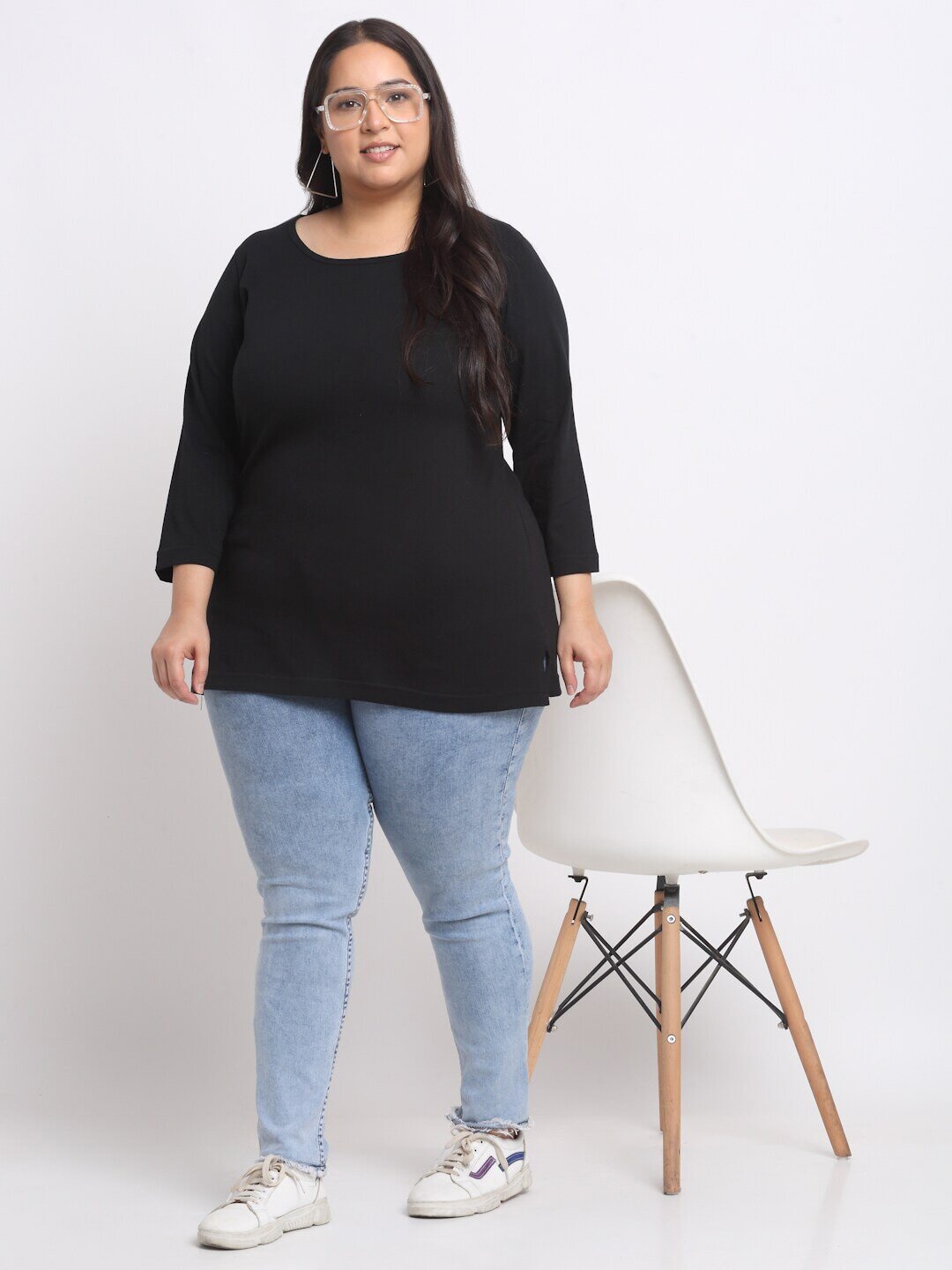 Plus Size  Black Full Sleeve Longline Cotton T-shirt