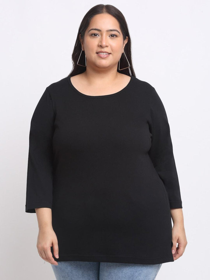 Plus Size  Black Full Sleeve Longline Cotton T-shirt