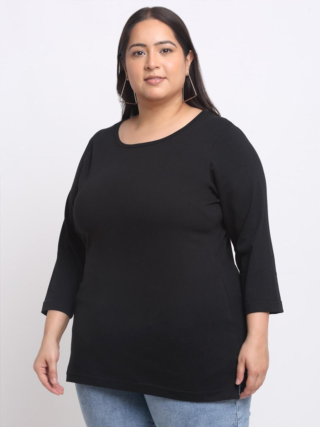 Plus Size  Black Full Sleeve Longline Cotton T-shirt