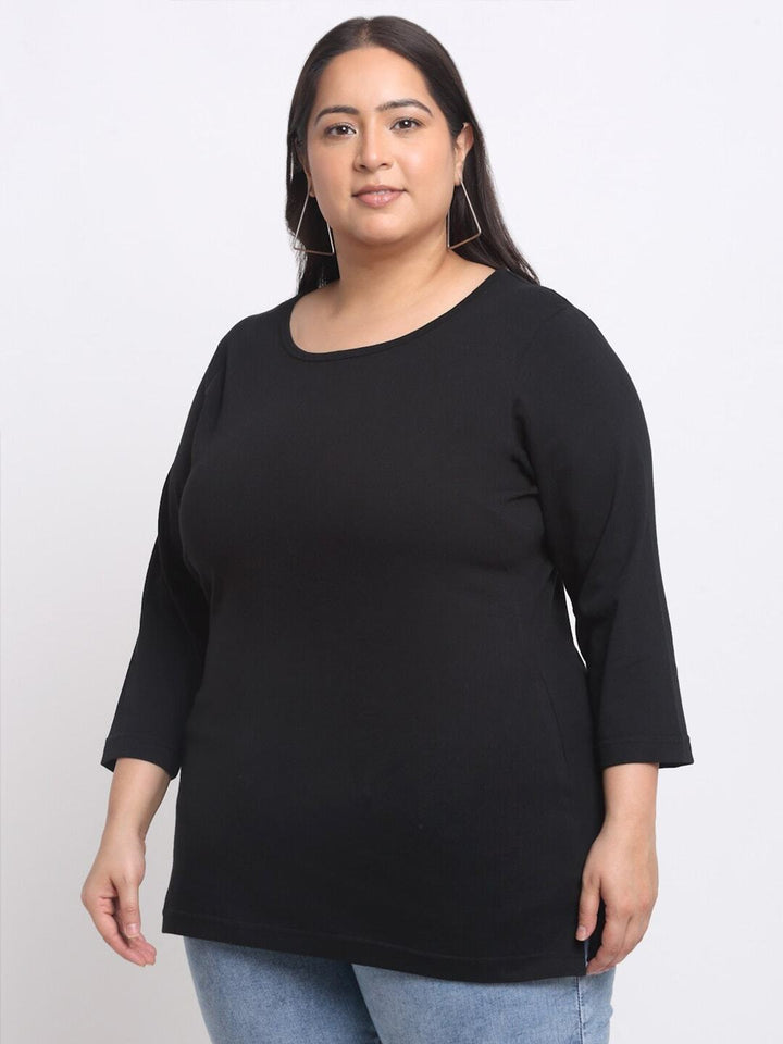Plus Size  Black Full Sleeve Longline Cotton T-shirt