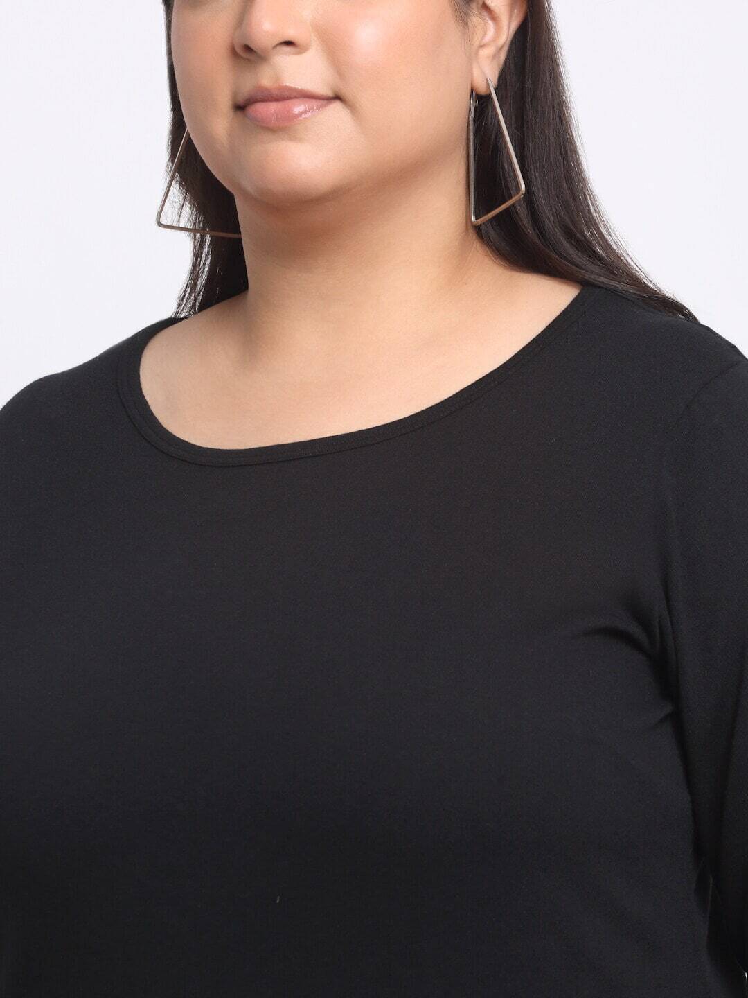 Plus Size  Black Full Sleeve Longline Cotton T-shirt