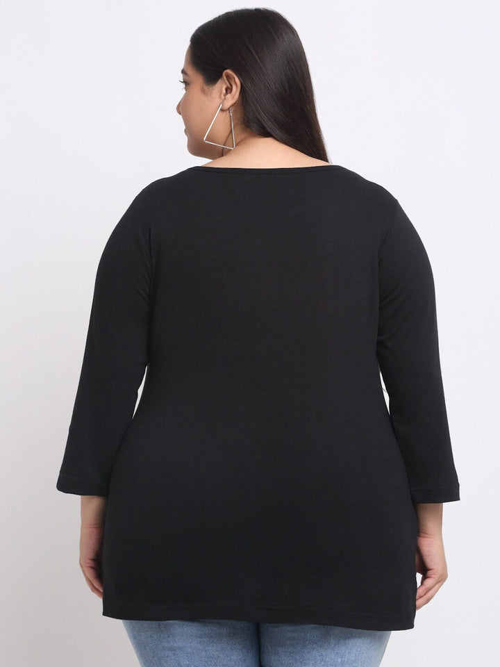 Plus Size  Black Full Sleeve Longline Cotton T-shirt
