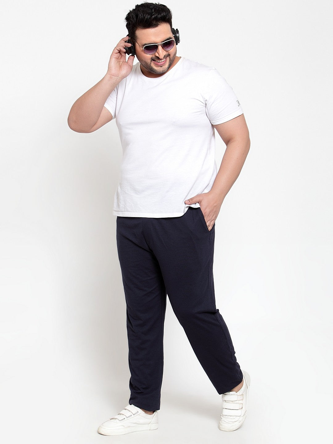 Plus Size Men Navy Blue Solid Track Pants
