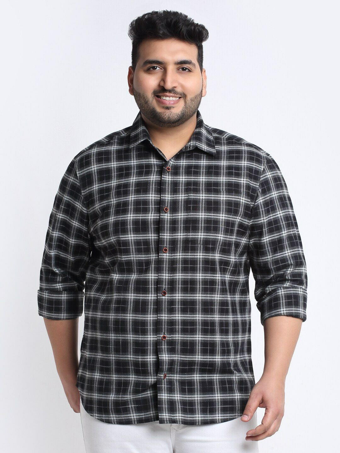 Plus Size Men Black Tartan Checked Cotton Casual Shirt